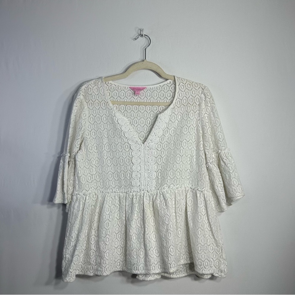Lilly Pulitzer Inez White Eyelet Lace Diamond Geo Lace Resort Romantic Top Sz S